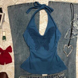 Original Blue Bow Embroidery Halter Neck Camisole For Women